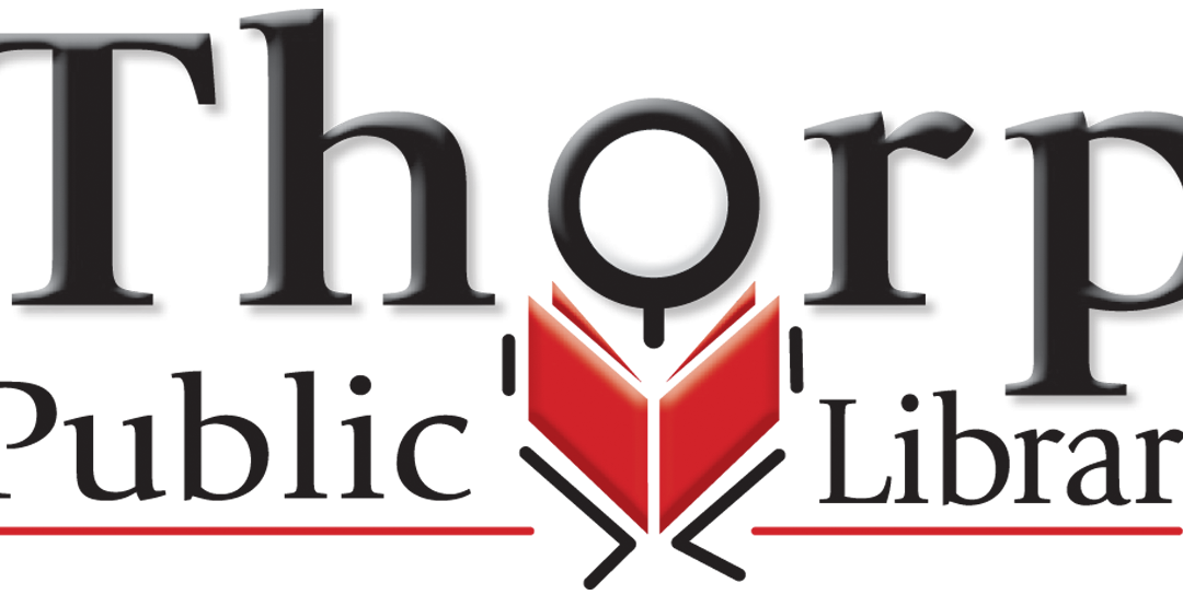 Thorp Public Library logo with a graphic of an open red book between the words Public and Library.