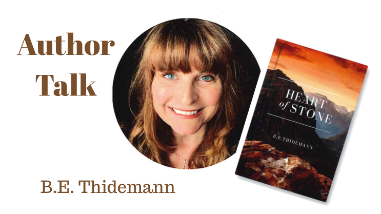 Promotional image for an Author Talk featuring author B.E. Thidemann, a woman with long brown hair, smiling beside her book "Heart of Stone," which has a scenic cover design.