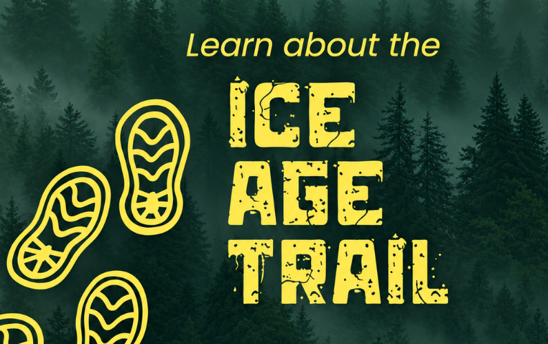 green forest background with bright yellow boot prints and the text "Learn about the Ice Age Trail."